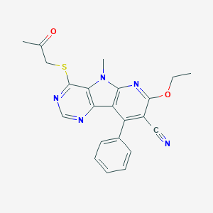 molecular formula C22H19N5O2S B496550 7-ethoxy-5-methyl-4-[(2-oxopropyl)sulfanyl]-9-phenyl-5H-pyrido[3',2':4,5]pyrrolo[3,2-d]pyrimidine-8-carbonitrile 
