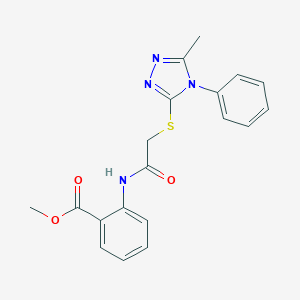 molecular formula C19H18N4O3S B496691 methyl 2-({[(5-methyl-4-phenyl-4H-1,2,4-triazol-3-yl)sulfanyl]acetyl}amino)benzoate 
