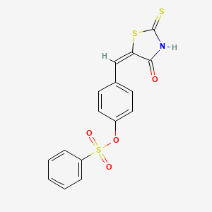 molecular formula C16H11NO4S3 B4967948 4-{[(5E)-4-Oxo-2-sulfanylidene-1,3-thiazolidin-5-ylidene]methyl}phenyl benzenesulfonate 