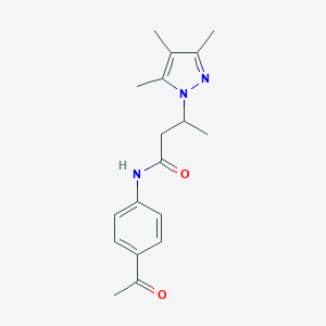 molecular formula C18H23N3O2 B497124 N-(4-acetylphenyl)-3-(3,4,5-trimethyl-1H-pyrazol-1-yl)butanamide CAS No. 942842-19-5