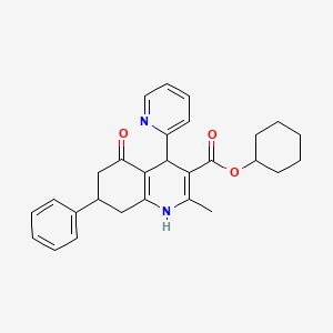 molecular formula C28H30N2O3 B4972622 Cyclohexyl 2-methyl-5-oxo-7-phenyl-4-(pyridin-2-YL)-1,4,5,6,7,8-hexahydroquinoline-3-carboxylate 