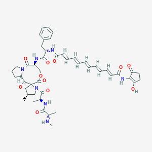 molecular formula C47H57N7O11 B049730 (2E,4E,6E,8E,10E)-N'-[(2S)-1-[[(4'R,6S,11aS)-4'-methyl-1'-[(2S)-2-[[(2S)-2-(methylamino)propanoyl]amino]propanoyl]-1,3,7-trioxospiro[5,6,9,10,11,11a-hexahydropyrrolo[1,2-e][1,5]oxazonine-2,2'-pyrrolidine]-6-yl]amino]-1-oxo-3-phenylpropan-2-yl]-N-(2-hydroxy-5-oxocyclopenten-1-yl)dodeca-2,4,6,8,10-pentaenediamide CAS No. 139601-96-0