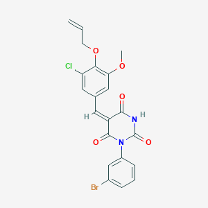 molecular formula C21H16BrClN2O5 B4977409 (5E)-1-(3-Bromophenyl)-5-{[3-chloro-5-methoxy-4-(prop-2-EN-1-yloxy)phenyl]methylidene}-1,3-diazinane-2,4,6-trione 