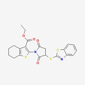 molecular formula C22H20N2O4S3 B4977502 Ethyl 2-[3-(1,3-benzothiazol-2-ylsulfanyl)-2,5-dioxopyrrolidin-1-yl]-4,5,6,7-tetrahydro-1-benzothiophene-3-carboxylate 