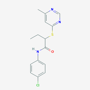 molecular formula C15H16ClN3OS B4979645 N-(4-chlorophenyl)-2-(6-methylpyrimidin-4-yl)sulfanylbutanamide 