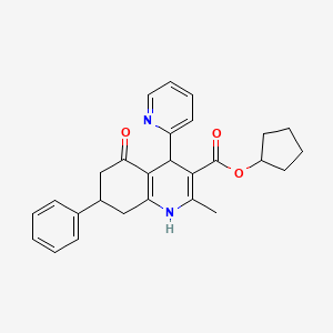 molecular formula C27H28N2O3 B4982833 Cyclopentyl 2-methyl-5-oxo-7-phenyl-4-(pyridin-2-yl)-1,4,5,6,7,8-hexahydroquinoline-3-carboxylate 