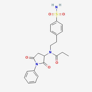 molecular formula C21H23N3O5S B4983394 N-(2,5-dioxo-1-phenylpyrrolidin-3-yl)-N-[2-(4-sulfamoylphenyl)ethyl]propanamide 