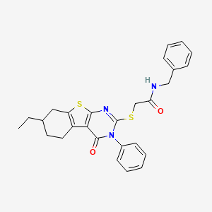 molecular formula C27H27N3O2S2 B4983577 N-benzyl-2-[(7-ethyl-4-oxo-3-phenyl-3,4,5,6,7,8-hexahydro[1]benzothieno[2,3-d]pyrimidin-2-yl)sulfanyl]acetamide 