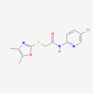 molecular formula C12H12ClN3O2S B498430 N-(5-chloropyridin-2-yl)-2-[(4,5-dimethyl-1,3-oxazol-2-yl)sulfanyl]acetamide CAS No. 892694-83-6