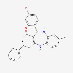 molecular formula C26H23FN2O B4992736 6-(4-Fluorophenyl)-3-methyl-9-phenyl-5,6,8,9,10,11-hexahydrobenzo[b][1,4]benzodiazepin-7-one 