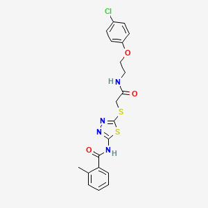 molecular formula C20H19ClN4O3S2 B4998718 N-{5-[(2-{[2-(4-chlorophenoxy)ethyl]amino}-2-oxoethyl)sulfanyl]-1,3,4-thiadiazol-2-yl}-2-methylbenzamide 