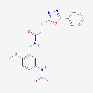 molecular formula C20H20N4O4S B499985 N-[(5-acetamido-2-methoxyphenyl)methyl]-2-[(5-phenyl-1,3,4-oxadiazol-2-yl)sulfanyl]acetamide 