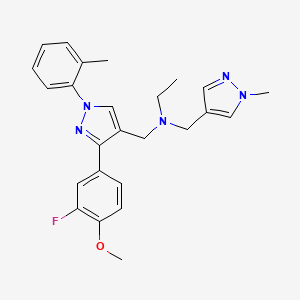 molecular formula C25H28FN5O B5000403 N-{[3-(3-fluoro-4-methoxyphenyl)-1-(2-methylphenyl)-1H-pyrazol-4-yl]methyl}-N-[(1-methyl-1H-pyrazol-4-yl)methyl]ethanamine 