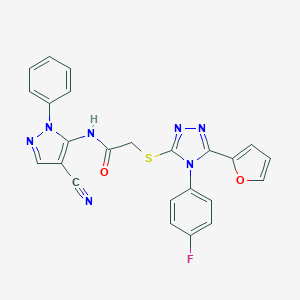 molecular formula C24H16FN7O2S B500119 N-(4-cyano-1-phenyl-1H-pyrazol-5-yl)-2-{[4-(4-fluorophenyl)-5-(2-furyl)-4H-1,2,4-triazol-3-yl]sulfanyl}acetamide 