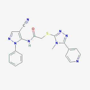 molecular formula C20H16N8OS B500121 N-(4-cyano-1-phenyl-1H-pyrazol-5-yl)-2-{[4-methyl-5-(4-pyridinyl)-4H-1,2,4-triazol-3-yl]sulfanyl}acetamide 
