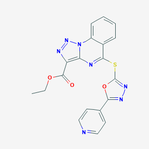 molecular formula C19H13N7O3S B500143 Ethyl 5-{[5-(4-pyridinyl)-1,3,4-oxadiazol-2-yl]sulfanyl}[1,2,3]triazolo[1,5-a]quinazoline-3-carboxylate 