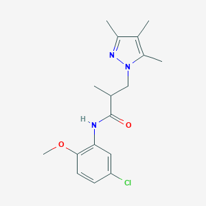 molecular formula C17H22ClN3O2 B500275 N-(5-chloro-2-methoxyphenyl)-2-methyl-3-(3,4,5-trimethyl-1H-pyrazol-1-yl)propanamide CAS No. 957506-96-6