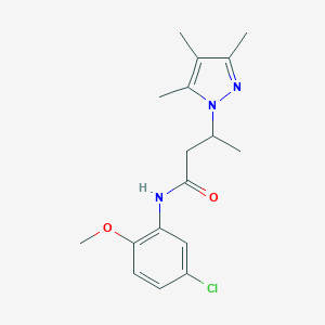 molecular formula C17H22ClN3O2 B500378 N-(5-chloro-2-methoxyphenyl)-3-(3,4,5-trimethyl-1H-pyrazol-1-yl)butanamide CAS No. 957498-28-1