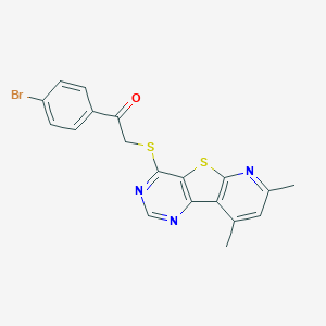 molecular formula C19H14BrN3OS2 B501392 1-(4-bromophenyl)-2-[(11,13-dimethyl-8-thia-3,5,10-triazatricyclo[7.4.0.02,7]trideca-1(9),2(7),3,5,10,12-hexaen-6-yl)sulfanyl]ethanone 