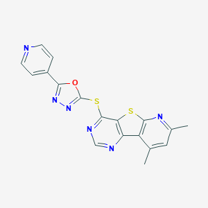 molecular formula C18H12N6OS2 B501393 2-[(11,13-dimethyl-8-thia-3,5,10-triazatricyclo[7.4.0.02,7]trideca-1(9),2(7),3,5,10,12-hexaen-6-yl)sulfanyl]-5-pyridin-4-yl-1,3,4-oxadiazole 