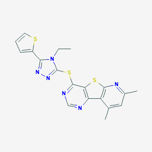 molecular formula C19H16N6S3 B501394 6-[(4-ethyl-5-thiophen-2-yl-1,2,4-triazol-3-yl)sulfanyl]-11,13-dimethyl-8-thia-3,5,10-triazatricyclo[7.4.0.02,7]trideca-1(9),2(7),3,5,10,12-hexaene 