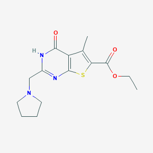 molecular formula C15H19N3O3S B501883 Ethyl 5-methyl-4-oxo-2-(1-pyrrolidinylmethyl)-3,4-dihydrothieno[2,3-d]pyrimidine-6-carboxylate 