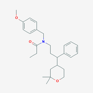 molecular formula C27H37NO3 B5025969 N-[3-(2,2-dimethyloxan-4-yl)-3-phenylpropyl]-N-[(4-methoxyphenyl)methyl]propanamide 