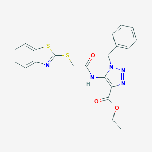 molecular formula C21H19N5O3S2 B502840 ethyl 5-{[(1,3-benzothiazol-2-ylsulfanyl)acetyl]amino}-1-benzyl-1H-1,2,3-triazole-4-carboxylate 