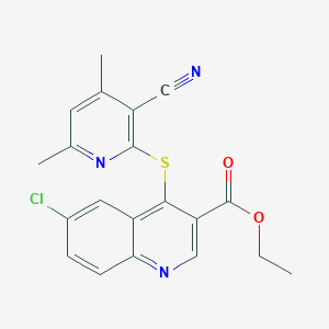 molecular formula C20H16ClN3O2S B502902 Ethyl 6-chloro-4-[(3-cyano-4,6-dimethyl-2-pyridinyl)sulfanyl]-3-quinolinecarboxylate 