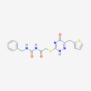 molecular formula C18H17N5O3S2 B502922 N-(benzylcarbamoyl)-2-[[5-oxo-6-(thiophen-2-ylmethyl)-2H-1,2,4-triazin-3-yl]sulfanyl]acetamide 