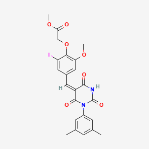 molecular formula C23H21IN2O7 B5030041 methyl 2-[4-[(E)-[1-(3,5-dimethylphenyl)-2,4,6-trioxo-1,3-diazinan-5-ylidene]methyl]-2-iodo-6-methoxyphenoxy]acetate 