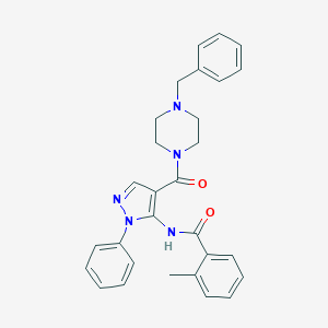 molecular formula C29H29N5O2 B503328 N-[4-(4-BENZYLPIPERAZINE-1-CARBONYL)-1-PHENYL-1H-PYRAZOL-5-YL]-2-METHYLBENZAMIDE 
