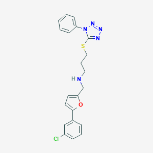 molecular formula C21H20ClN5OS B503924 N-{[5-(3-chlorophenyl)-2-furyl]methyl}-N-{3-[(1-phenyl-1H-tetraazol-5-yl)sulfanyl]propyl}amine 