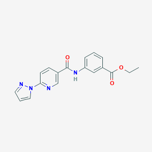 molecular formula C18H16N4O3 B504161 ethyl 3-({[6-(1H-pyrazol-1-yl)-3-pyridinyl]carbonyl}amino)benzoate CAS No. 957499-35-3