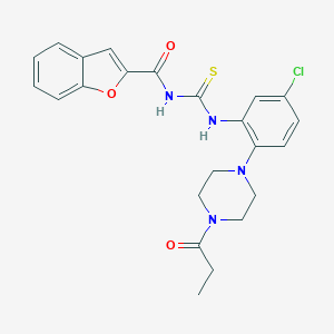 molecular formula C23H23ClN4O3S B504315 N-[[5-chloro-2-(4-propanoylpiperazin-1-yl)phenyl]carbamothioyl]-1-benzofuran-2-carboxamide 