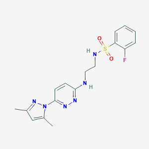 molecular formula C17H19FN6O2S B504412 N-(2-((6-(3,5-dimethyl-1H-pyrazol-1-yl)pyridazin-3-yl)amino)ethyl)-2-fluorobenzenesulfonamide 