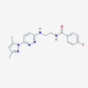molecular formula C18H19FN6O B504462 N-(2-((6-(3,5-dimethyl-1H-pyrazol-1-yl)pyridazin-3-yl)amino)ethyl)-4-fluorobenzamide 