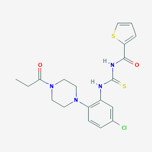 molecular formula C19H21ClN4O2S2 B504659 N-[[5-chloro-2-(4-propanoylpiperazin-1-yl)phenyl]carbamothioyl]thiophene-2-carboxamide 