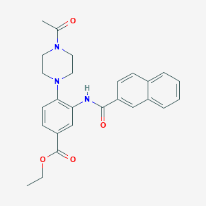 molecular formula C26H27N3O4 B504675 ETHYL 4-(4-ACETYLPIPERAZIN-1-YL)-3-(NAPHTHALENE-2-AMIDO)BENZOATE 