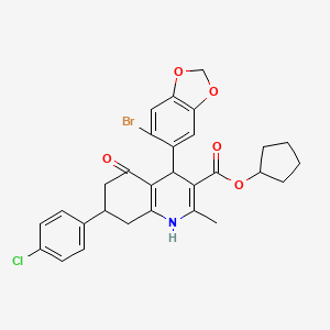 molecular formula C29H27BrClNO5 B5049143 Cyclopentyl 4-(6-bromo-1,3-benzodioxol-5-yl)-7-(4-chlorophenyl)-2-methyl-5-oxo-1,4,5,6,7,8-hexahydroquinoline-3-carboxylate 