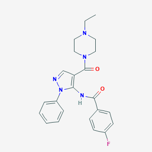 molecular formula C23H24FN5O2 B505165 N-{4-[(4-ethyl-1-piperazinyl)carbonyl]-1-phenyl-1H-pyrazol-5-yl}-4-fluorobenzamide 