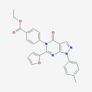 molecular formula C25H20N4O4 B505222 ethyl 4-[6-(2-furyl)-1-(4-methylphenyl)-4-oxo-1,4-dihydro-5H-pyrazolo[3,4-d]pyrimidin-5-yl]benzoate 