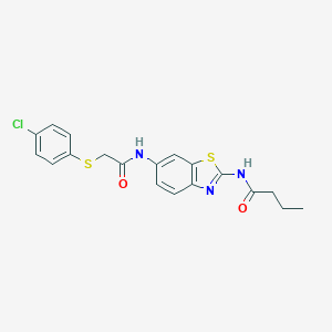 molecular formula C19H18ClN3O2S2 B505379 N-[6-({[(4-chlorophenyl)sulfanyl]acetyl}amino)-1,3-benzothiazol-2-yl]butanamide 