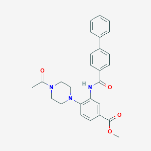 molecular formula C27H27N3O4 B505784 METHYL 4-(4-ACETYLPIPERAZIN-1-YL)-3-{[1,1'-BIPHENYL]-4-AMIDO}BENZOATE 