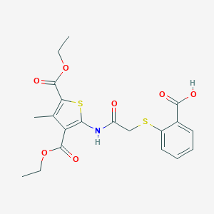 molecular formula C20H21NO7S2 B506318 2-[(2-{[3,5-Bis(ethoxycarbonyl)-4-methyl-2-thienyl]amino}-2-oxoethyl)sulfanyl]benzoic acid 