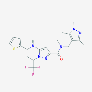 molecular formula C20H23F3N6OS B507261 N-methyl-5-thien-2-yl-7-(trifluoromethyl)-N-[(1,3,5-trimethyl-1H-pyrazol-4-yl)methyl]-4,5,6,7-tetrahydropyrazolo[1,5-a]pyrimidine-2-carboxamide 