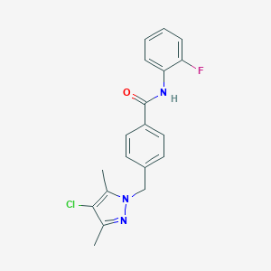 molecular formula C19H17ClFN3O B507270 4-[(4-chloro-3,5-dimethyl-1H-pyrazol-1-yl)methyl]-N-(2-fluorophenyl)benzamide CAS No. 489450-15-9
