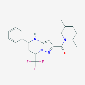 molecular formula C21H25F3N4O B507295 2-[(2,5-Dimethyl-1-piperidinyl)carbonyl]-5-phenyl-7-(trifluoromethyl)-4,5,6,7-tetrahydropyrazolo[1,5-a]pyrimidine 