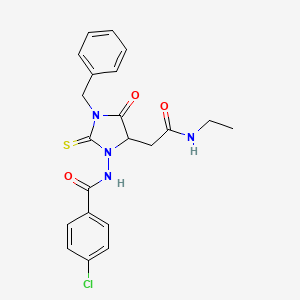 molecular formula C21H21ClN4O3S B5074604 N-{3-benzyl-5-[2-(ethylamino)-2-oxoethyl]-4-oxo-2-thioxoimidazolidin-1-yl}-4-chlorobenzamide 