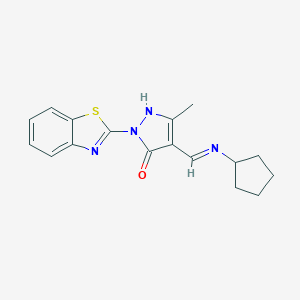 molecular formula C17H18N4OS B507522 2-Benzothiazol-2-yl-4-cyclopentylaminomethylene-5-methyl-2,4-dihydro-pyrazol-3-one 